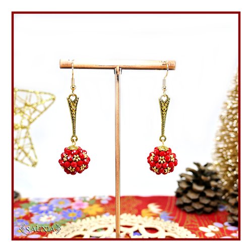 Boucles d'oreilles collection "berries" tissées perles rouges perles japonaises dorées crochets acier inoxydable doré (#bo876)
