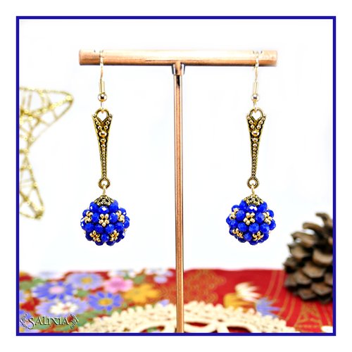 Boucles d'oreilles collection "berries" tissées perles bleu cobalt perles japonaises dorées crochets acier inoxydable doré (#bo878)