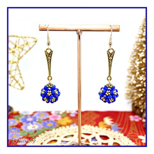 Boucles d'oreilles collection "berries" tissées perles bleu cobalt perles japonaises dorées crochets acier inoxydable doré (#bo878)