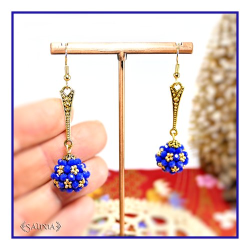 Boucles d'oreilles collection "berries" tissées perles bleu cobalt perles japonaises dorées crochets acier inoxydable doré (#bo878)
