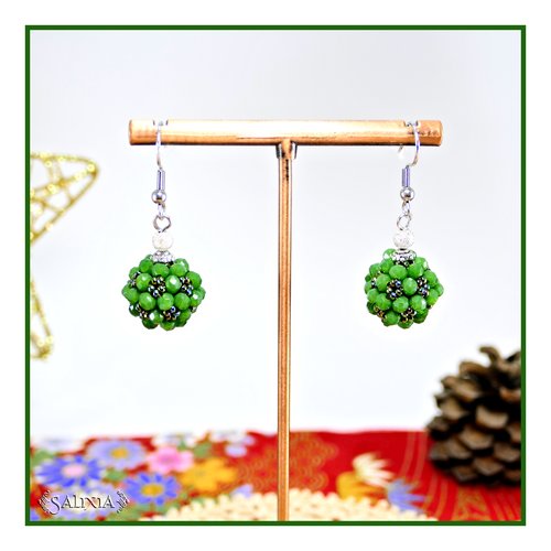 Boucles d'oreilles collection "berries" tissées perles vert jade perles japonaises argent crochets acier inoxydable (#bo877)