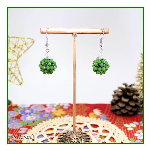 Boucles d'oreilles collection "berries" tissées perles vert jade perles japonaises argent crochets acier inoxydable (#bo877)
