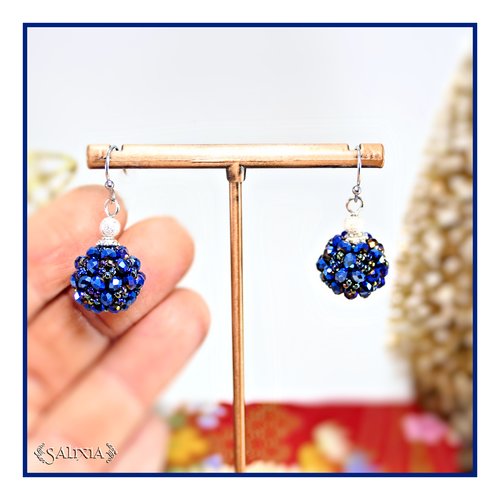 Boucles d'oreilles collection "berries" tissées perles bleu nuit perles japonaises métallisées crochets acier inoxydable (#bo879)