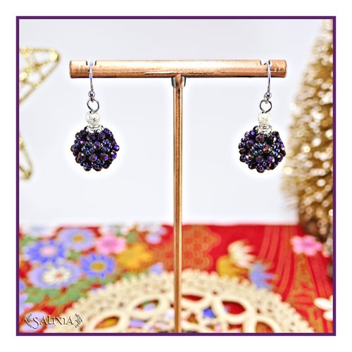 Boucles d'oreilles collection "berries" tissées perles violet irisé perles japonaises métallisées crochets acier inoxydable (#bo880)