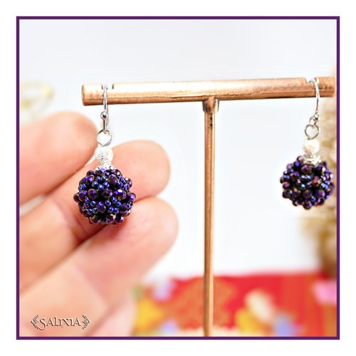 Boucles d'oreilles collection "berries" tissées perles violet irisé perles japonaises métallisées crochets acier inoxydable (#bo880)