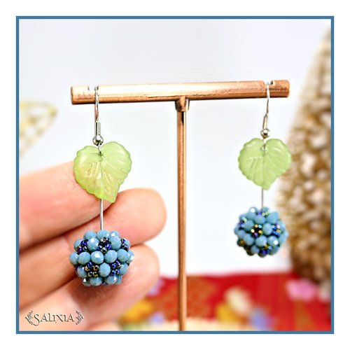 Boucles d'oreilles collection "berries" tissées perles bleu teal perles japonaises multicolores irisées crochets acier inoxydable (#bo883)