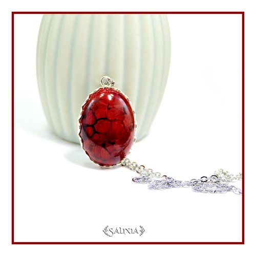 Pièce unique - collier pendentif cabochon agate veine de dragon plaqué argent fin (#c318)
