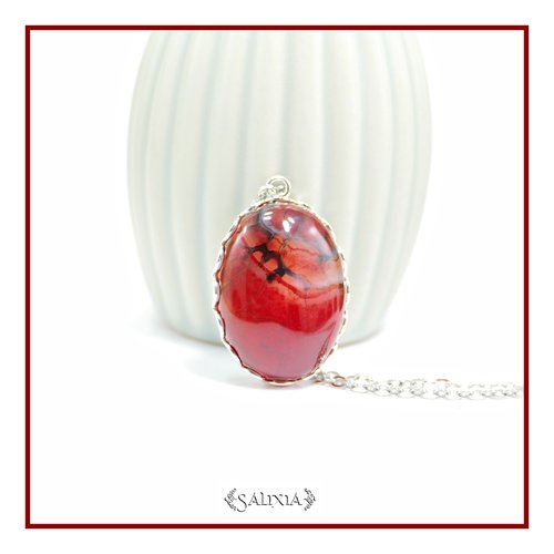 Pièce unique - collier pendentif cabochon agate veine de dragon plaqué argent fin (#c319)