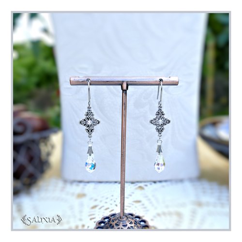 Boucles d'oreilles strass et gouttes cristal aurore boréale connecteurs argent fin vieilli crochets acier inoxydable (#bo890)