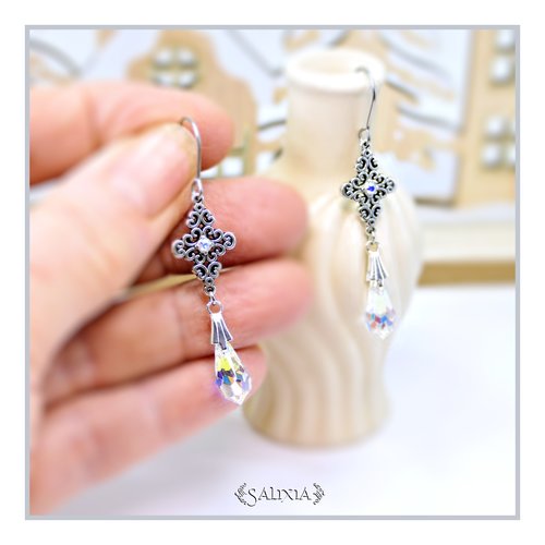 Boucles d'oreilles strass et gouttes cristal aurore boréale connecteurs argent fin vieilli crochets acier inoxydable (#bo890)
