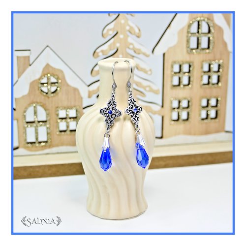 Boucles d'oreilles strass et gouttes cristal bleu saphir connecteurs argent fin vieilli crochets acier inoxydable (#bo891)