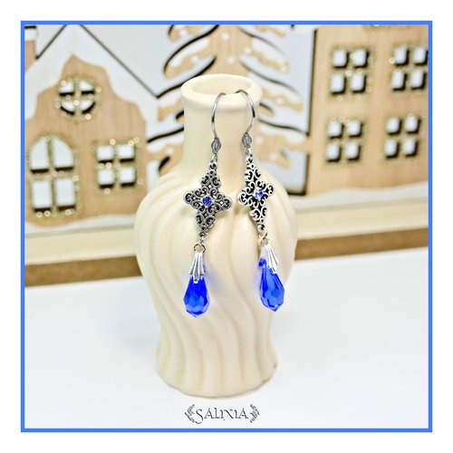 Boucles d'oreilles strass et gouttes cristal bleu saphir connecteurs argent fin vieilli crochets acier inoxydable (#bo891)