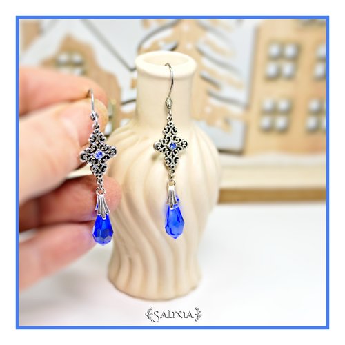 Boucles d'oreilles strass et gouttes cristal bleu saphir connecteurs argent fin vieilli crochets acier inoxydable (#bo891)