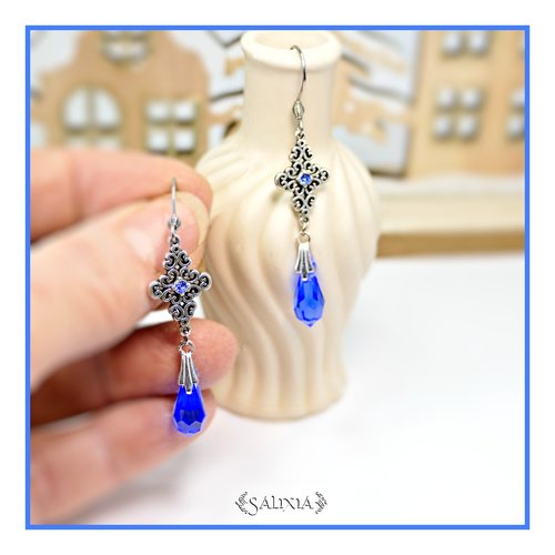 Boucles d'oreilles strass et gouttes cristal bleu saphir connecteurs argent fin vieilli crochets acier inoxydable (#bo891)