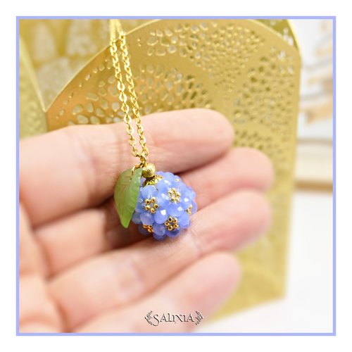 Collier collection "sweet berries" pendentif tissé perles saphir opale et dorées chaine mousqueton acier inoxydable doré (#c331)