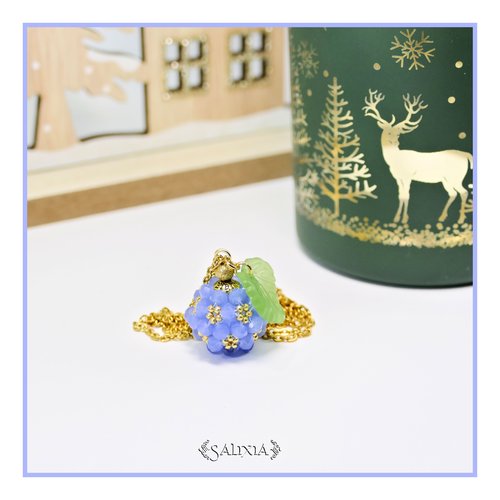 Collier collection "sweet berries" pendentif tissé perles saphir opale chaine et mousqueton dorés à l'or fin 24 carats (#c331)