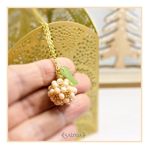Collier collection "sweet berries" pendentif tissé perles sable ab chaine et mousqueton dorés à l'or fin 24 carats (#c334)