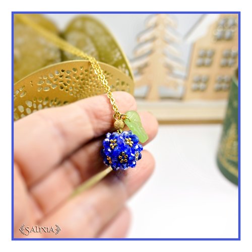 Collier collection "sweet berries" pendentif tissé perles saphir ab chaine et fermoir acier inoxydable doré à l'or fin 24 carats (#c336)