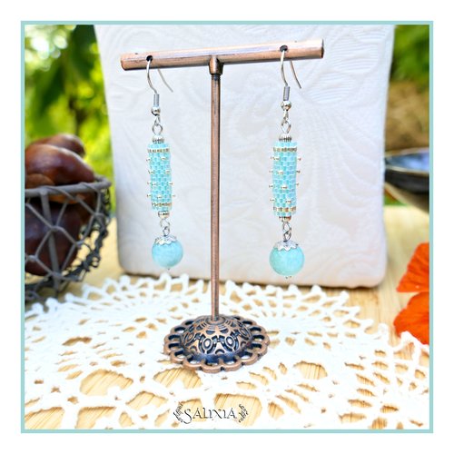 Boucles d'oreilles "luana" pierres fines d'amazonite perles japonaises bleu/vert pastel albâtre crochets acier inoxydable (#bo872 p261)