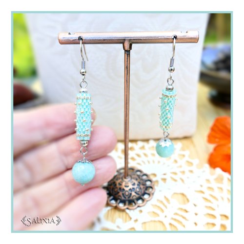 Boucles d'oreilles "luana" pierres fines d'amazonite perles japonaises bleu/vert pastel albâtre crochets acier inoxydable (#bo872 p261)
