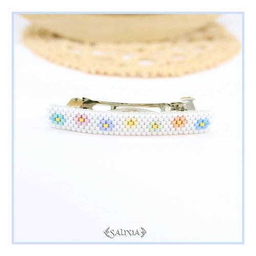 Barrette cheveux petites fleurs multicolores tissées à l'aiguille perles japonaises blanc nacré à l'unité ou lot de 2 (#bar5)