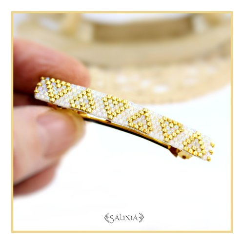 Barrette cheveux doré or fin petits coeurs tissés à l'aiguille perles japonaises blanc opale et dorées (#bar9)