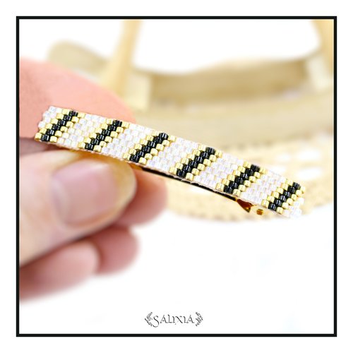 Barrette cheveux doré or fin tissé à l'aiguille perles japonaises dorées noires et blanc opale ab (#bar12)