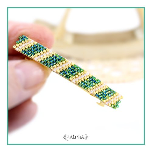 Barrette cheveux doré or fin tissé à l'aiguille perles japonaises dorées émeraude ab et blanc opale ab (#bar13)