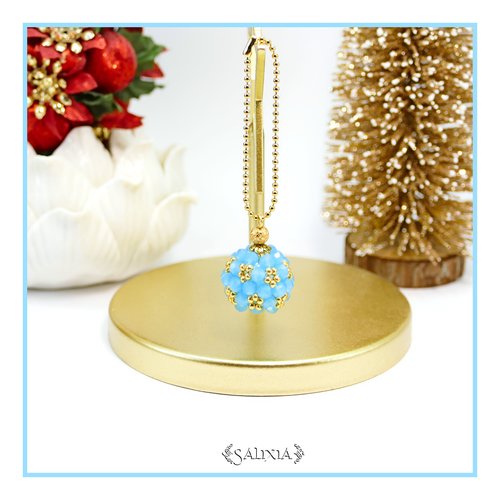 Bijou de sac ou porte clefs collection "little berries" tissé à l'aiguille bleu turquoise opale chaine dorée or fin 18 carats (#bds34.a)