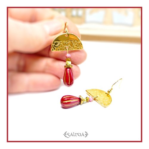 Boucles d'oreilles bohème chic perles de bohème connecteurs doré or fin 24 carats (#bo893)