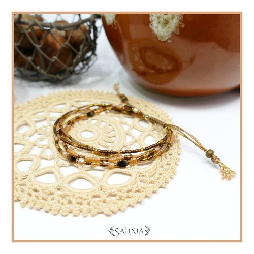 Bracelet 4 rangs "lorenza" perles japonaises tons chocolat caramel miel moka perles de bohème fermoir lien coulissant macramé (#bc419)