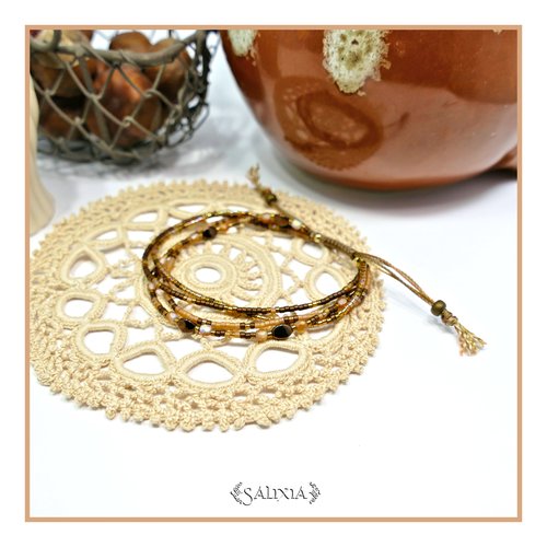 Bracelet 4 rangs "lorenza" perles japonaises tons chocolat caramel miel moka perles de bohème fermoir lien coulissant macramé (#bc419)