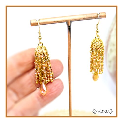 Boucles d'oreilles ethniques d'inspiration indienne "jhumka"  plaqué or 24 carats crochets acier inoxydable doré (#bo895)