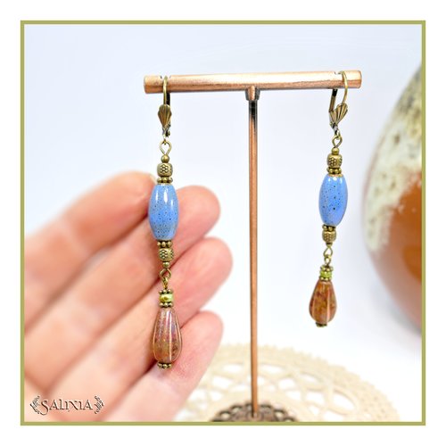 Boucles d'oreilles bohème chic belles perles longues en céramique bleu dormeuses bronze (#bo899)