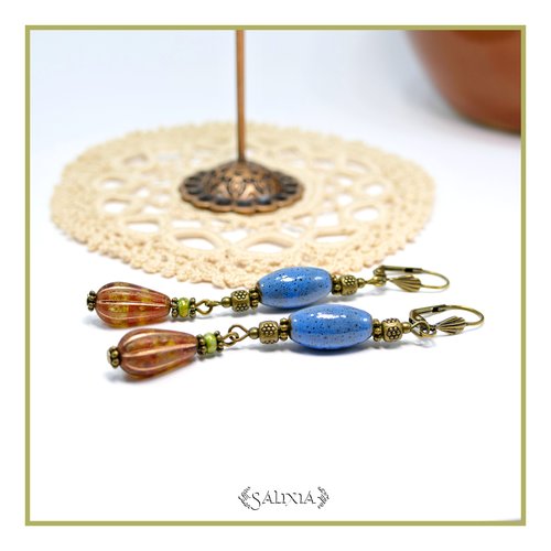 Boucles d'oreilles bohème chic belles perles longues en céramique bleu dormeuses bronze (#bo899)