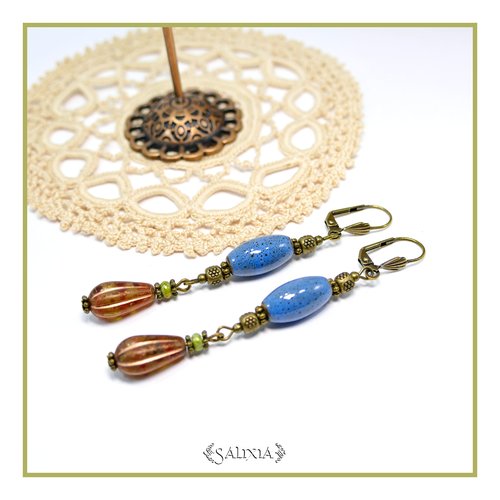 Boucles d'oreilles bohème chic belles perles longues en céramique bleu dormeuses bronze (#bo899)