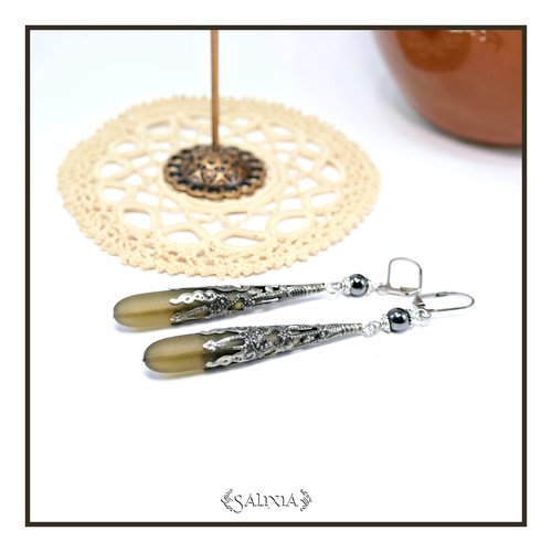 Boucles d'oreilles longues perles sea glass gris fumé hématite noires dormeuses acier inoxydable (#bo904)