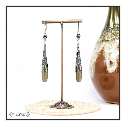 Boucles d'oreilles longues perles sea glass gris fumé hématite noires dormeuses acier inoxydable (#bo904)