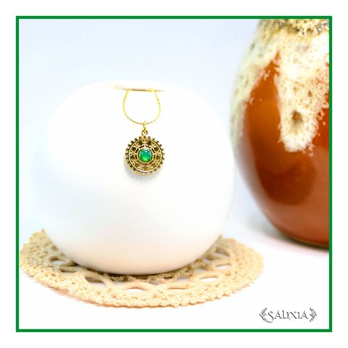 Collier pendentif floral chaine et mousqueton acier inoxydable doré or fin 18 carats (#c340)