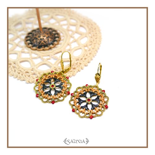 Boucles d'oreilles rosaces cabochons cristal rouge dormeuses acier inoxydable doré (#bo900)