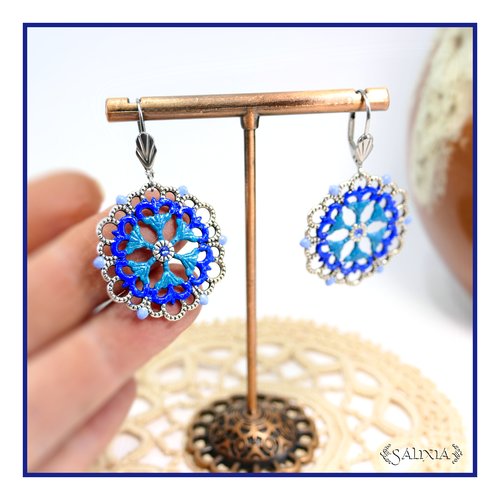 Boucles d'oreilles rosaces cabochons cristal bleu dormeuses acier inoxydable (#bo901)