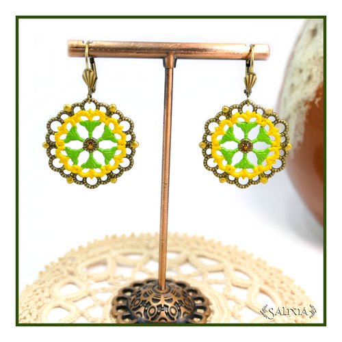 Boucles d'oreilles rosaces cabochons cristal topaze dormeuses bronze doré (#bo902)