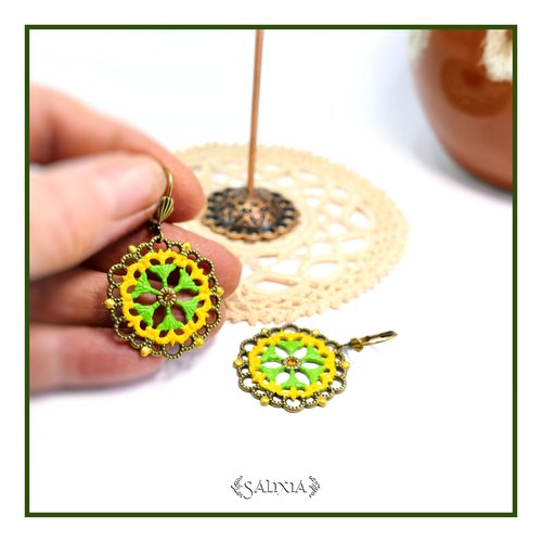 Boucles d'oreilles rosaces cabochons cristal topaze dormeuses bronze doré (#bo902)