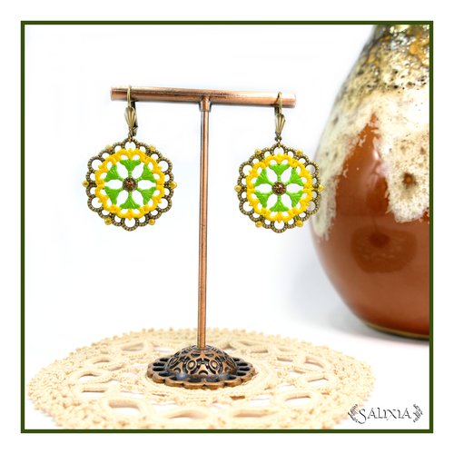 Boucles d'oreilles rosaces cabochons cristal topaze dormeuses bronze doré (#bo902)