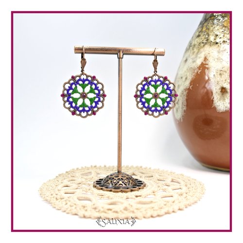Boucles d'oreilles rosaces cabochons cristal fuchsia dormeuses cuivre (#bo903)