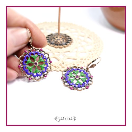 Boucles d'oreilles rosaces cabochons cristal fuchsia dormeuses cuivre (#bo903)