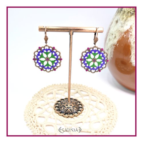 Boucles d'oreilles rosaces cabochons cristal fuchsia dormeuses cuivre (#bo903)