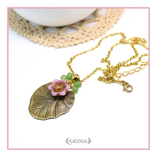 Collier pendentif nénuphar fleur de bohème rose patine dorée aventurine chaine acier inoxydable doré or fin 24 carats (#c352)