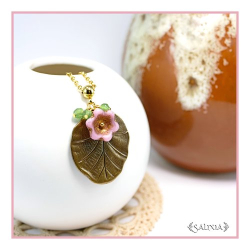 Collier pendentif nénuphar fleur de bohème rose patine dorée aventurine chaine acier inoxydable doré or fin 24 carats (#c352)