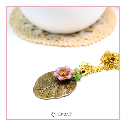 Collier pendentif nénuphar fleur de bohème rose patine dorée aventurine chaine acier inoxydable doré or fin 24 carats (#c352)